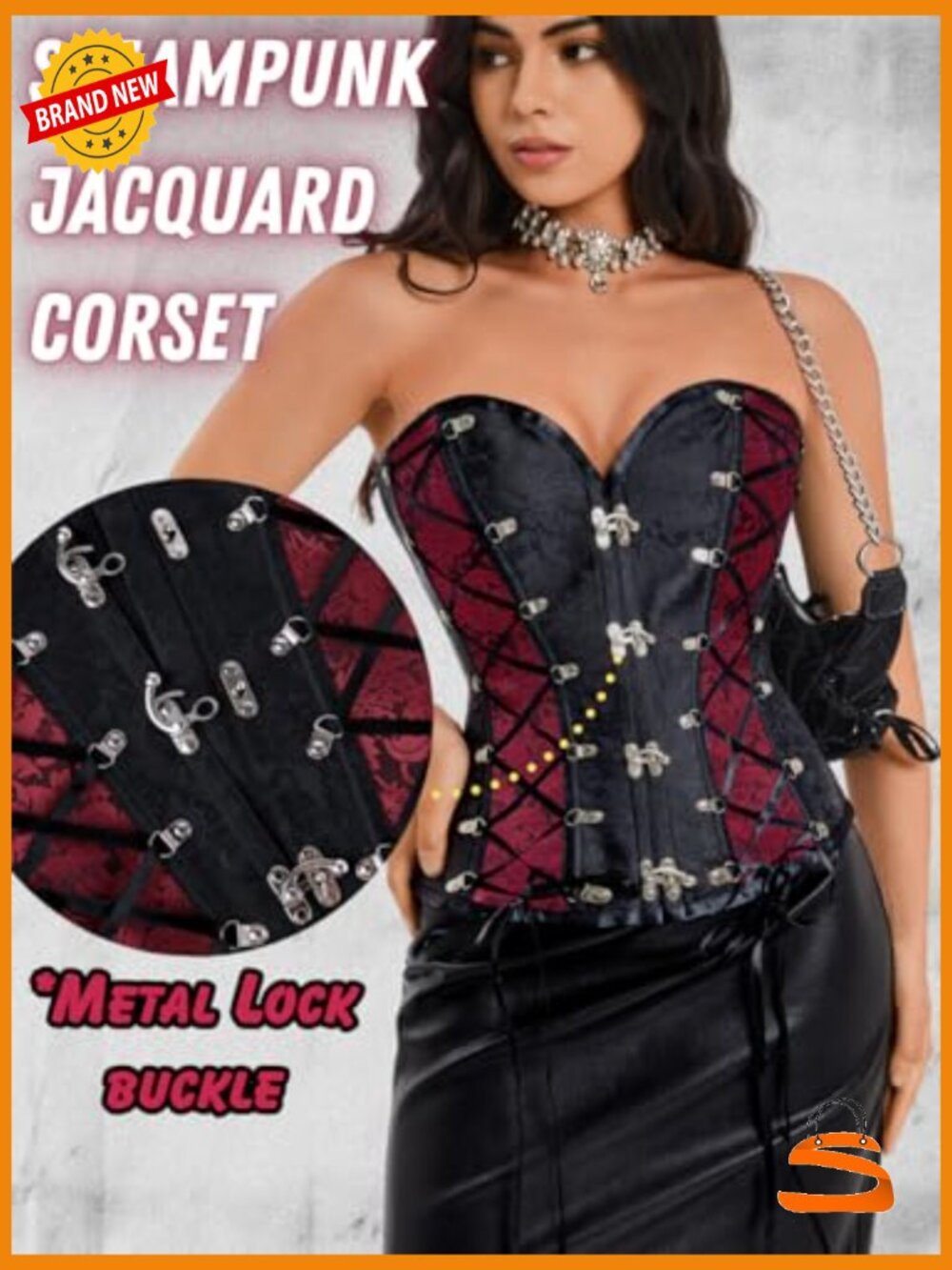 Steampunk Gothic Corset Bustier Lace-Up Front Clasps Jacquard - Picture 2 of 7
